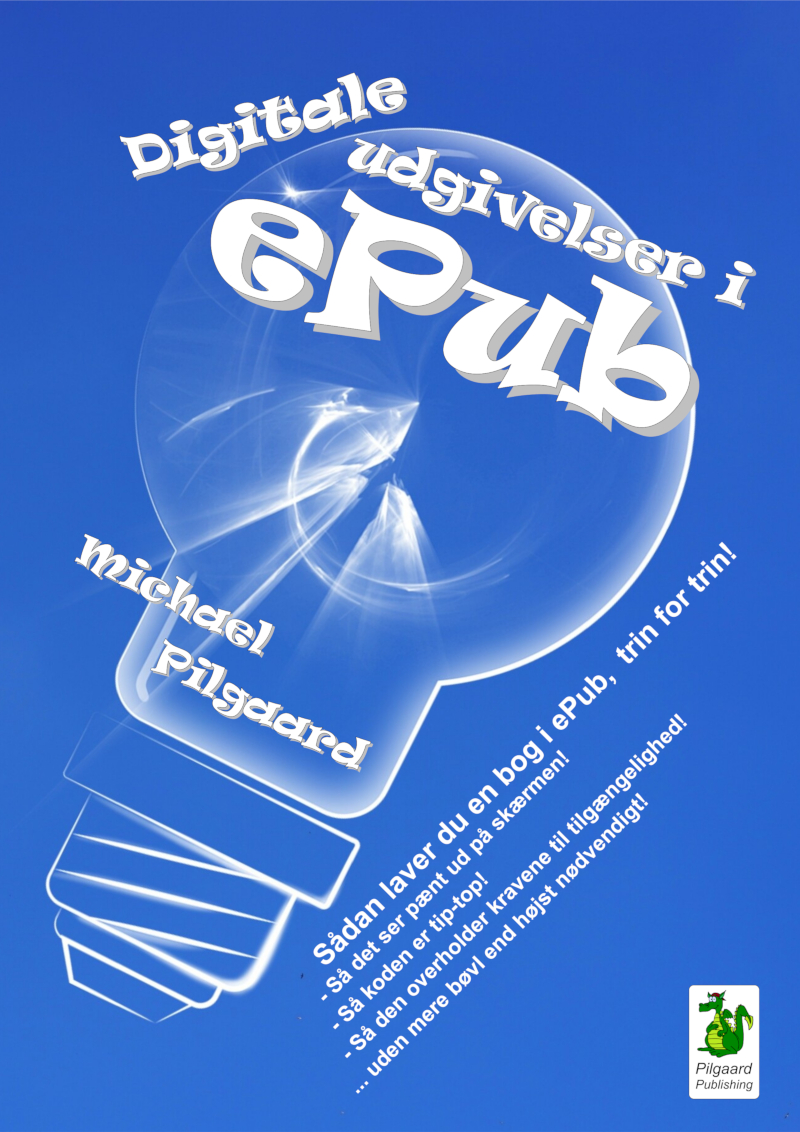 Michael Pilgaard - Digitale udgivelser i ePub - Hvid stregtegning af en elpære på blå baggrund